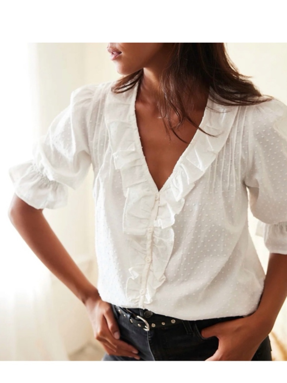 NWT Paneros Chole Swiss Dot Ruffled Blouse Top Size Medium White
